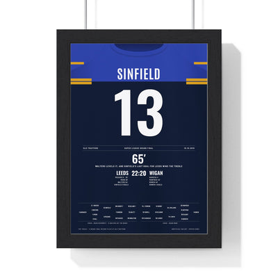 Leeds Rhinos Grand Final 2015 Poster - Kevin Sinfield 13 Treble Old Trafford Rugby League Print framed in a black frame, ready to hang