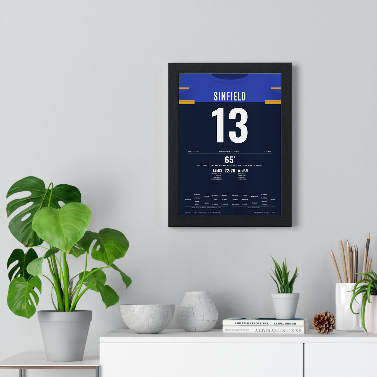 Leeds Rhinos Grand Final 2015 Poster - Kevin Sinfield 13 Treble Old Trafford Rugby League Print framed on a living room wall
