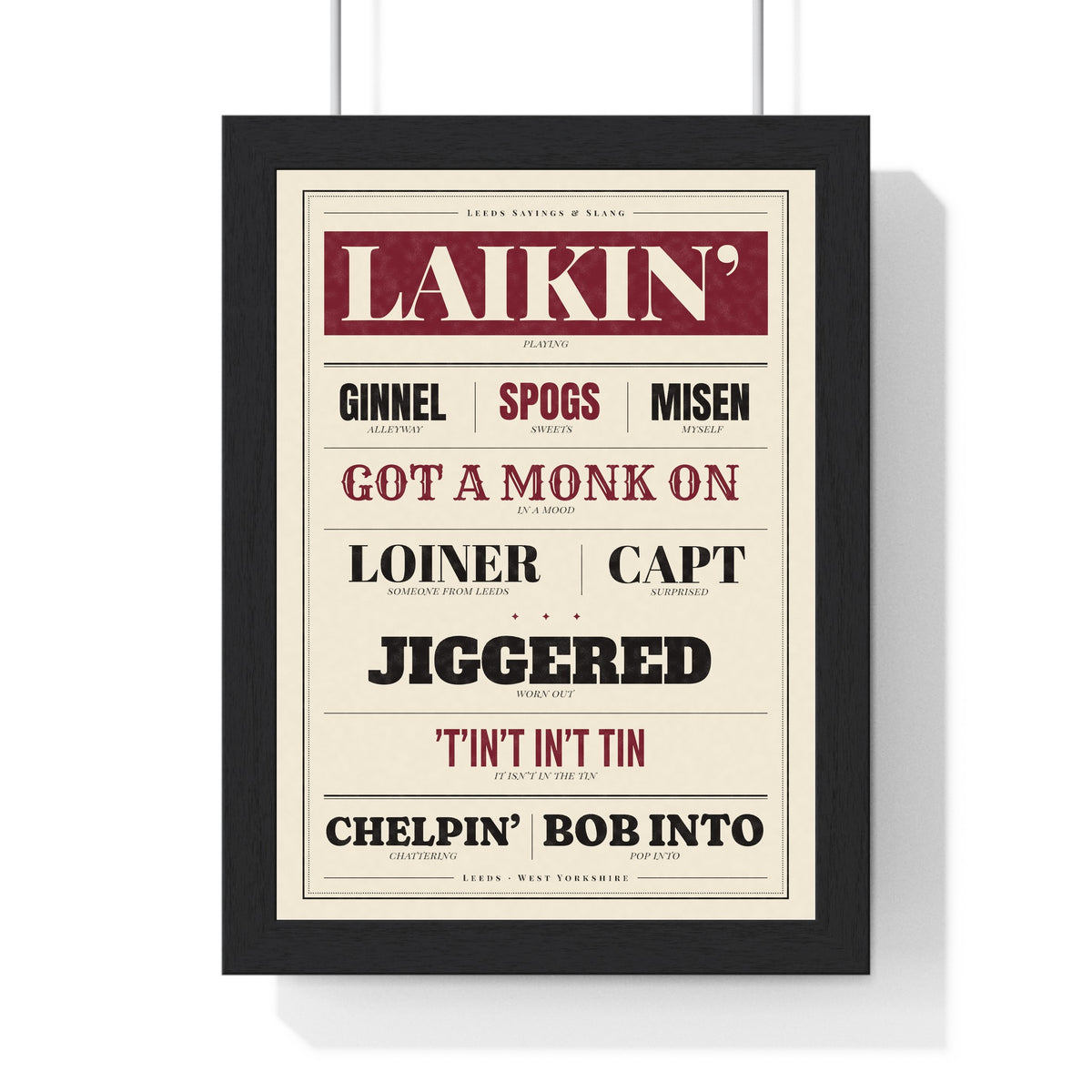 Leeds Sayings Print in a black frame