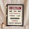 Leeds Sayings Print in a black frame propped up on linen