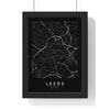 Leeds street map poster in black, minimal city map print framed in a black frame