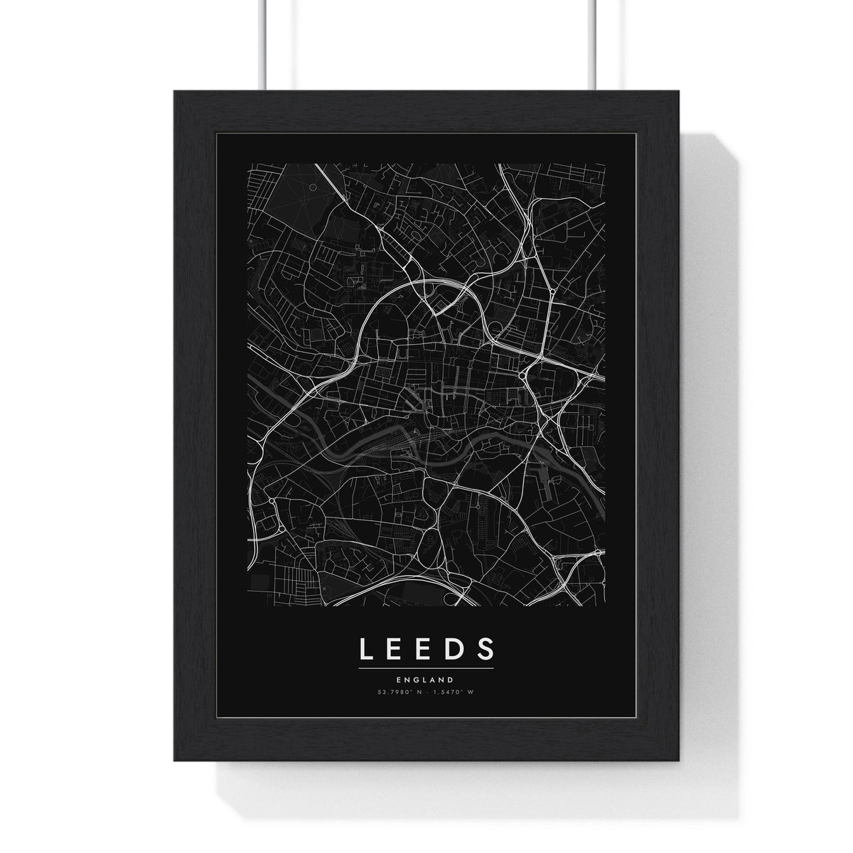 Leeds street map poster in black, minimal city map print framed in a black frame