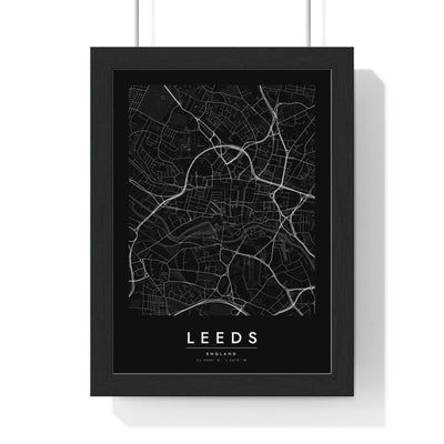 Leeds street map poster in black, minimal city map print framed in a black frame