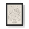 Leeds street map poster in cream, minimal city map print framed in a black frame