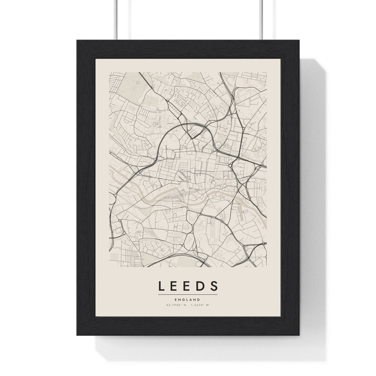 Leeds street map poster in cream, minimal city map print framed in a black frame
