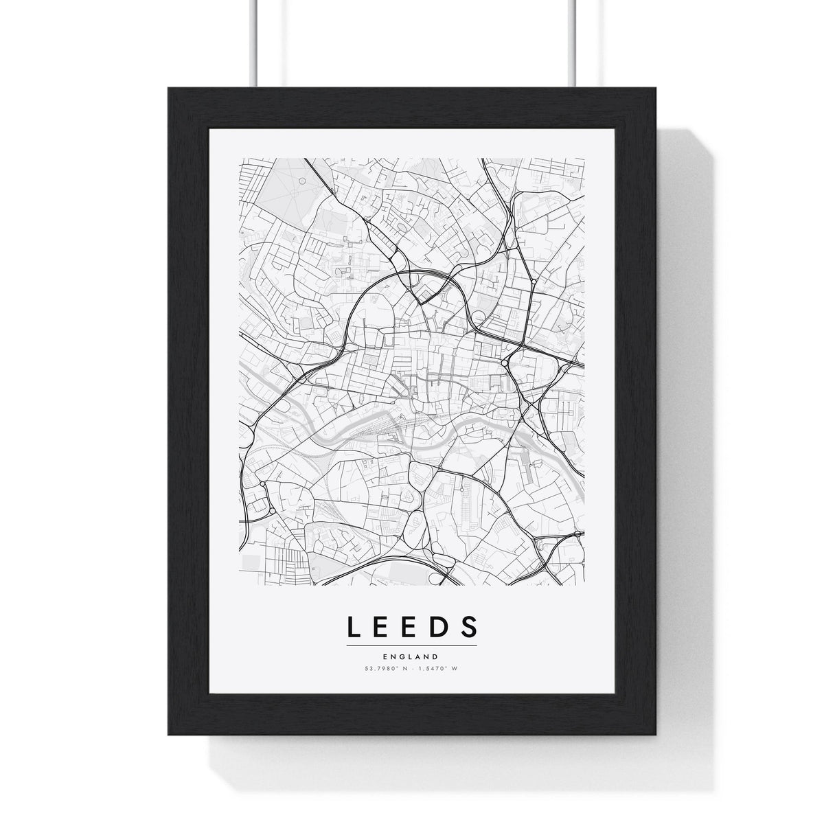 Leeds street map poster in white, minimal city map print framed in a black frame