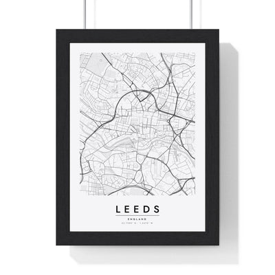Leeds street map poster in white, minimal city map print framed in a black frame