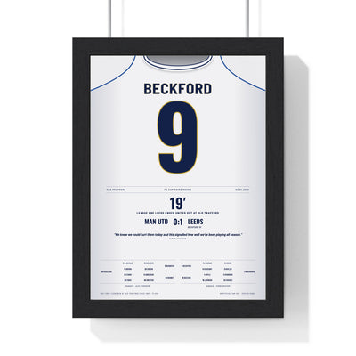 Leeds United FA Cup 2010 Poster - Jermaine Beckford 9 Old Trafford Winner Shirt Print framed in a black frame, ready to hang