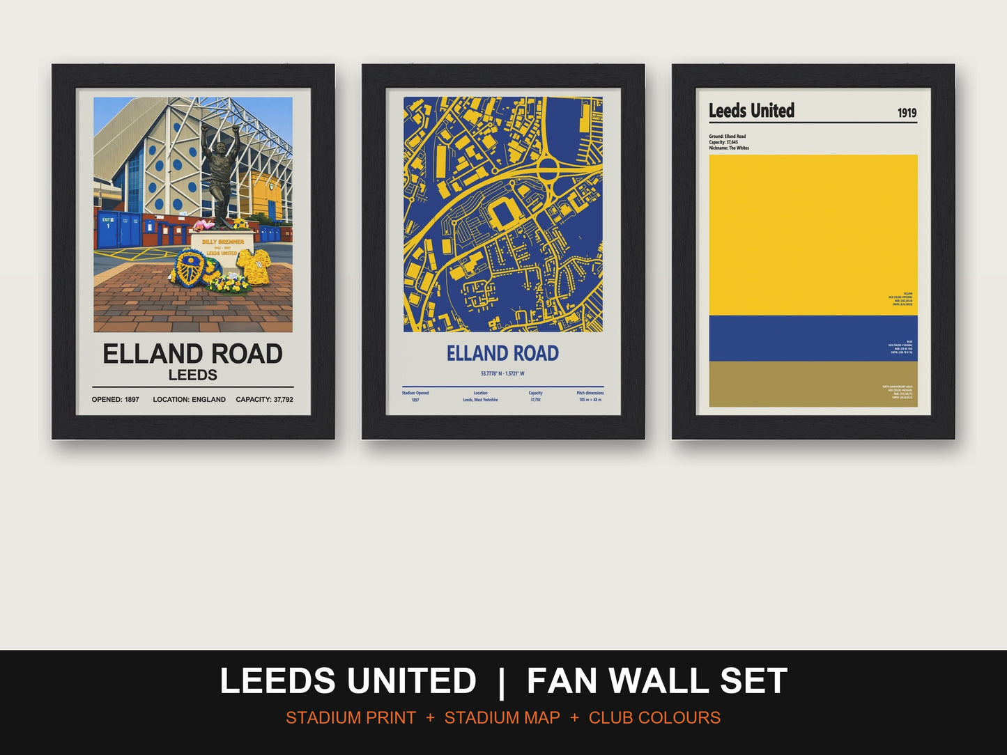 Leeds United Fan Wall Set | Elland Road Print, Stadium Map & Club Colours