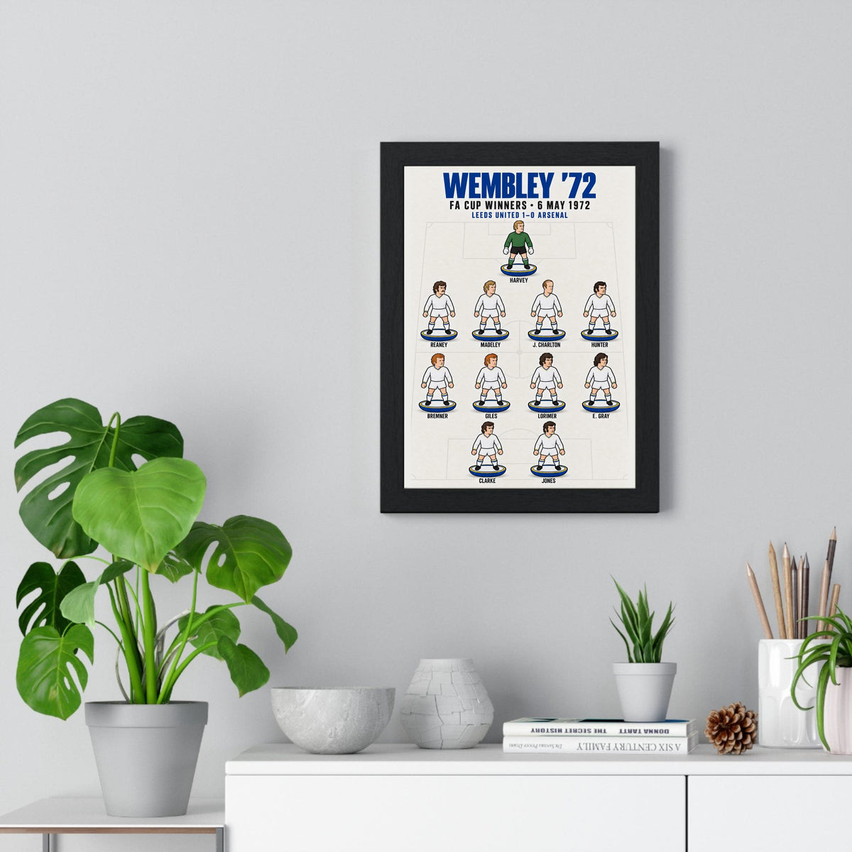 Leeds United Wembley 1972 XI poster framed on a living room wall