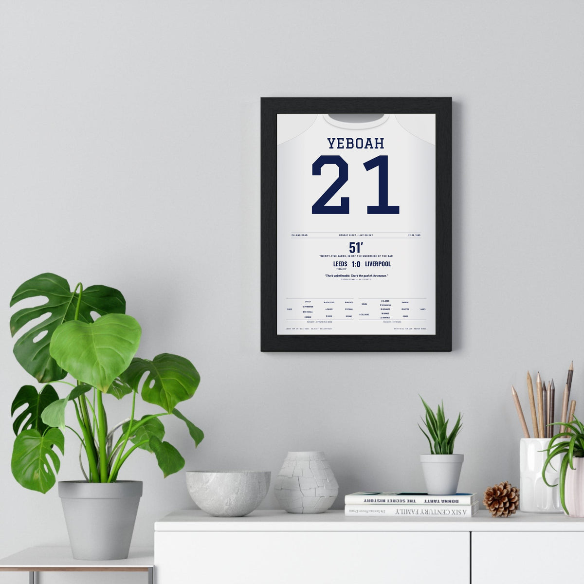 Leeds United Yeboah 21 Volley v Liverpool 1995 Poster framed on a living room wall