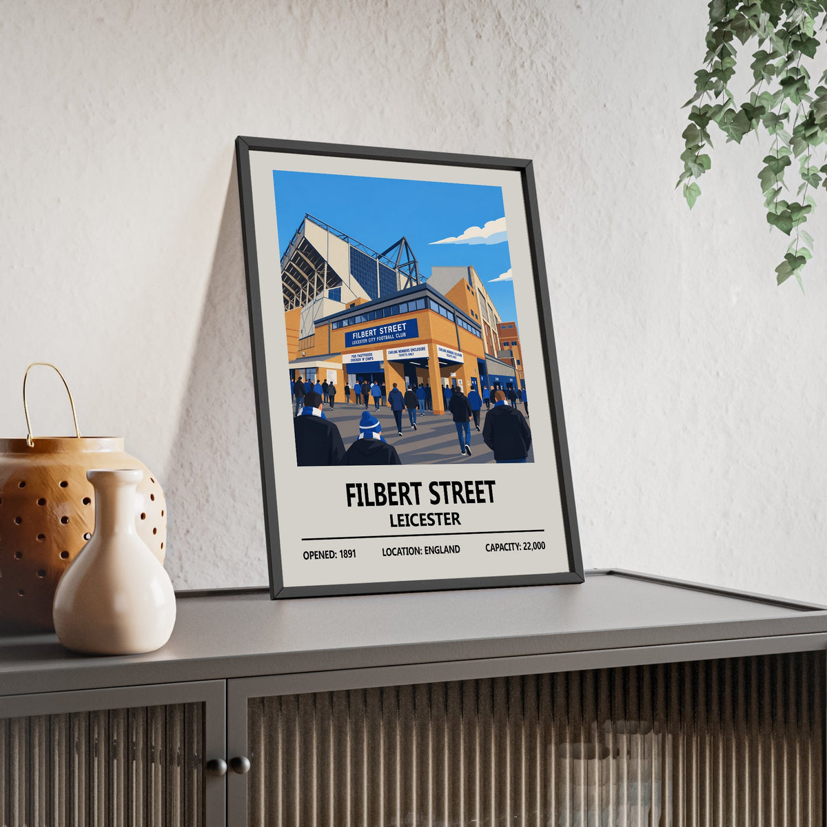 Leicester City Filbert Street Stadium Print framed and leaning on a sideboard