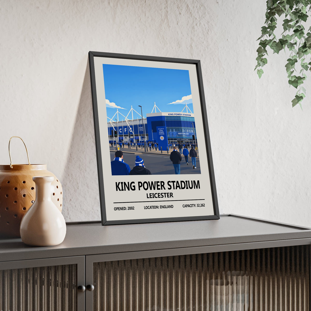 Leicester Foxes stadium poster framed on living room wall