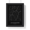Leicester street map poster in black, minimal city map print framed in a black frame