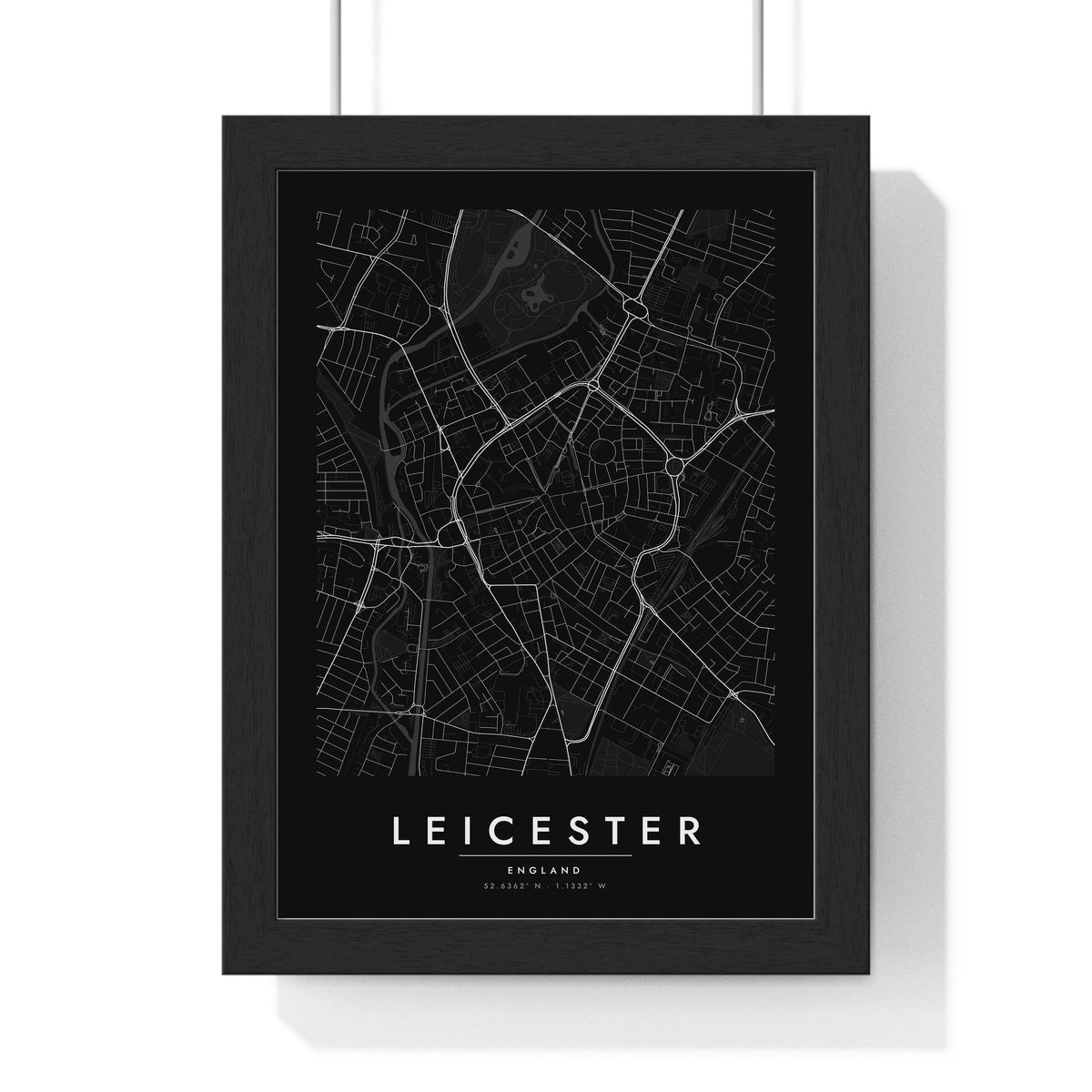 Leicester street map poster in black, minimal city map print framed in a black frame