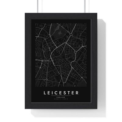 Leicester street map poster in black, minimal city map print framed in a black frame