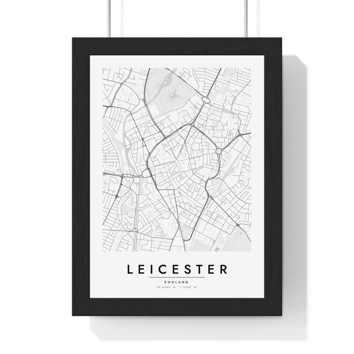 Leicester street map poster in white, minimal city map print framed in a black frame