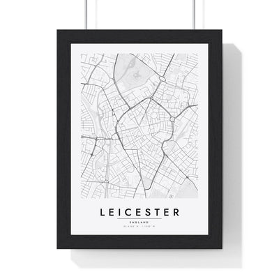 Leicester street map poster in white, minimal city map print framed in a black frame