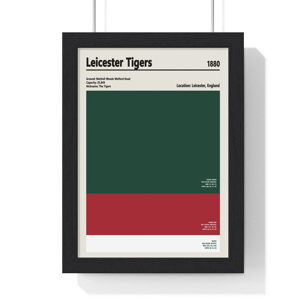 Leicester Tigers colour swatch poster framed in Poster Kingz black frame showing green, red and white palette