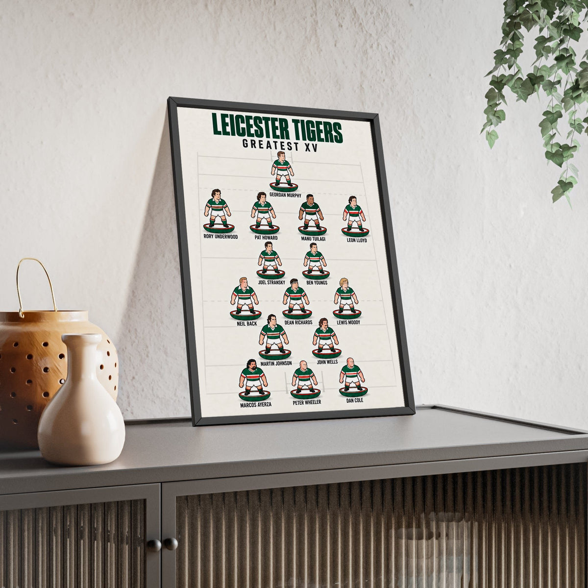 Leicester Tigers Greatest XV framed print leaning on a sideboard