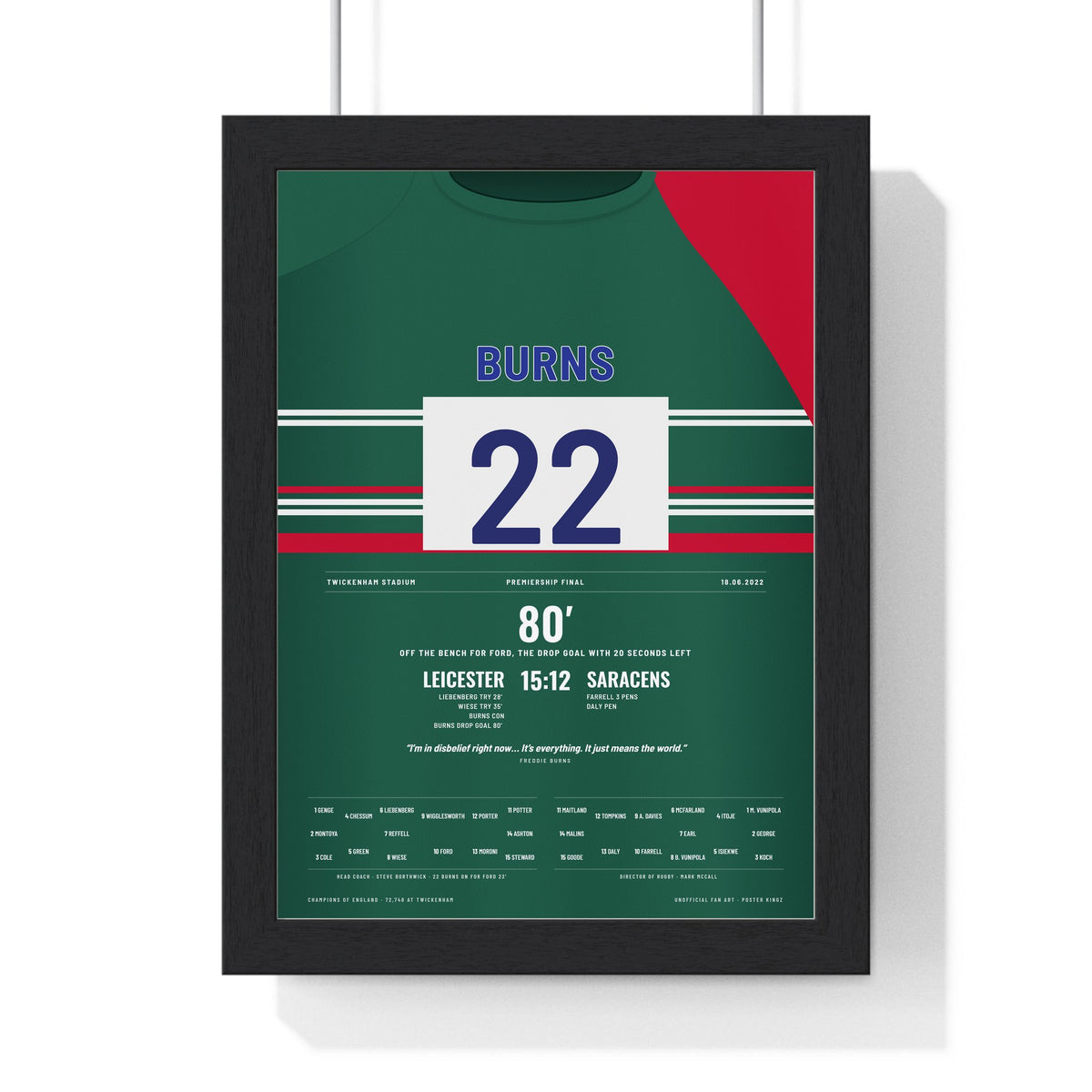 Leicester Tigers Premiership Final 2022 Poster - Freddie Burns 22 Drop Goal Twickenham Print framed in a black frame, ready to hang