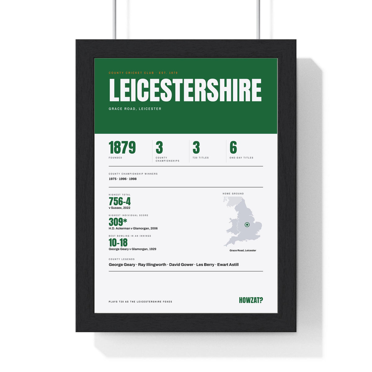 Leicestershire Cricket print framed in a black frame, ready to hang