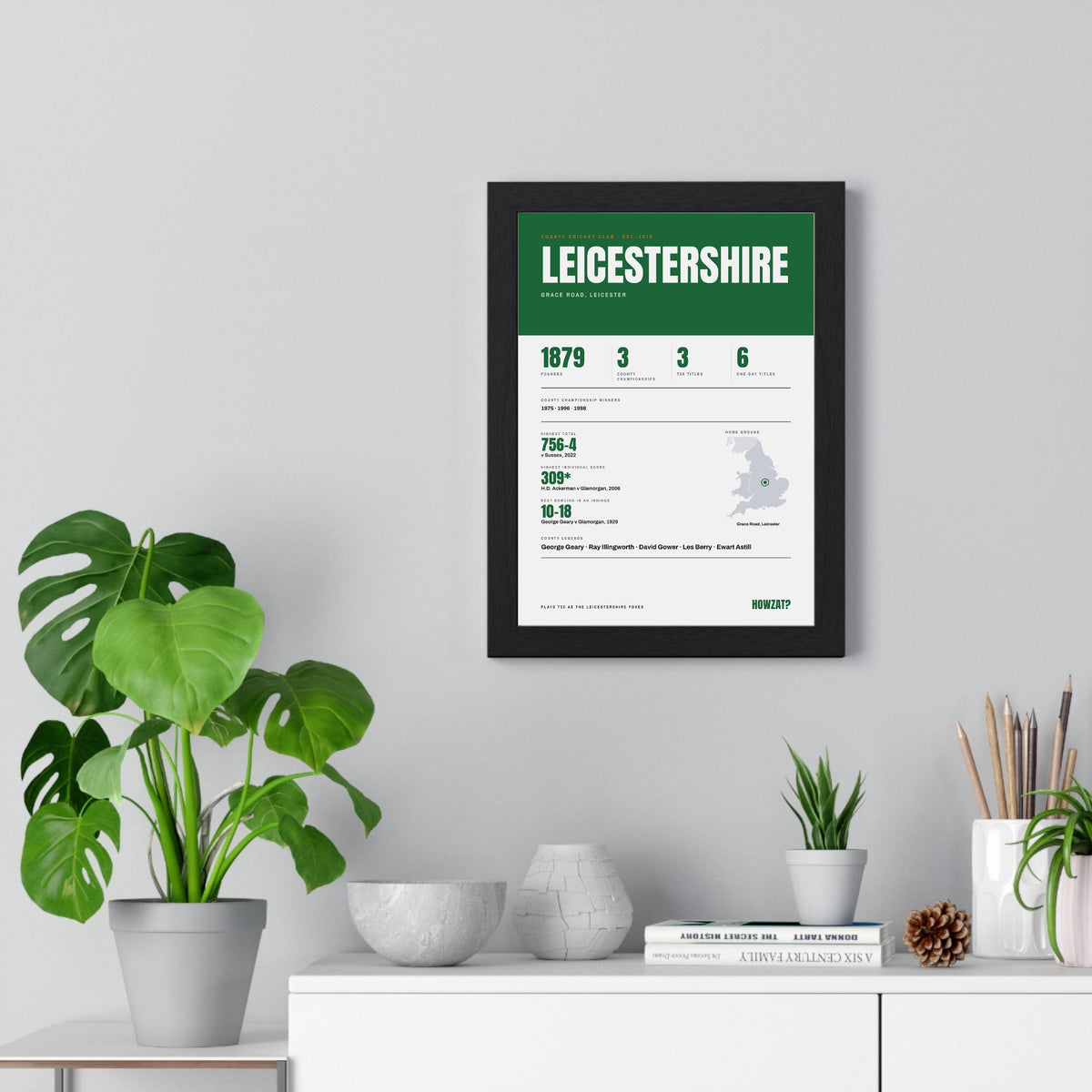 Leicestershire Cricket print framed on a living room wall