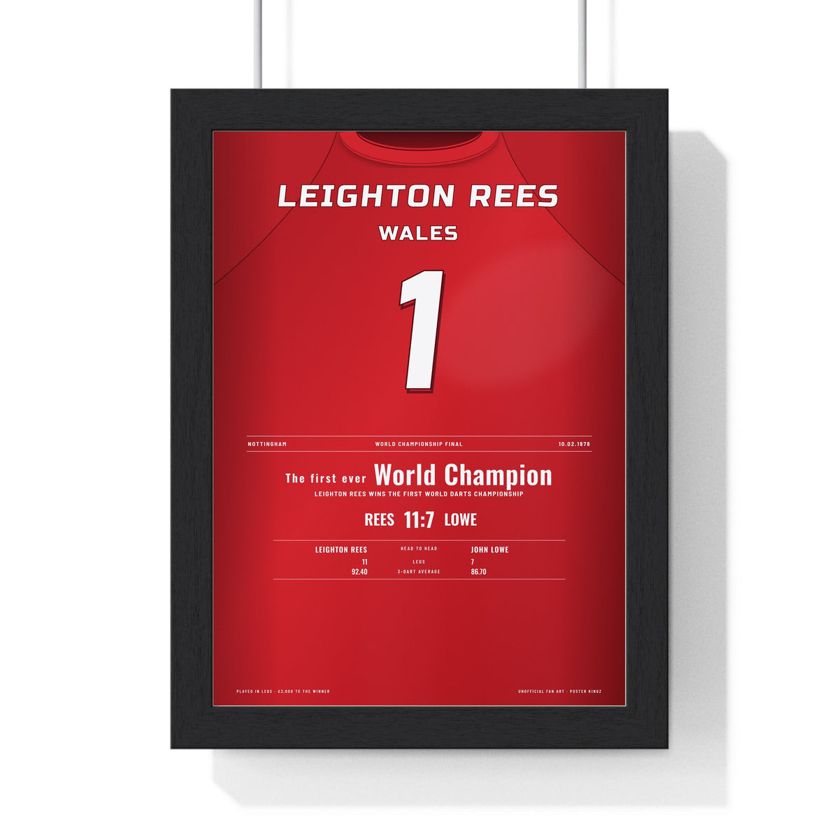 Leighton Rees World Darts Final 1978 Darts Poster - First World Champion Shirt Print framed in a black frame, ready to hang