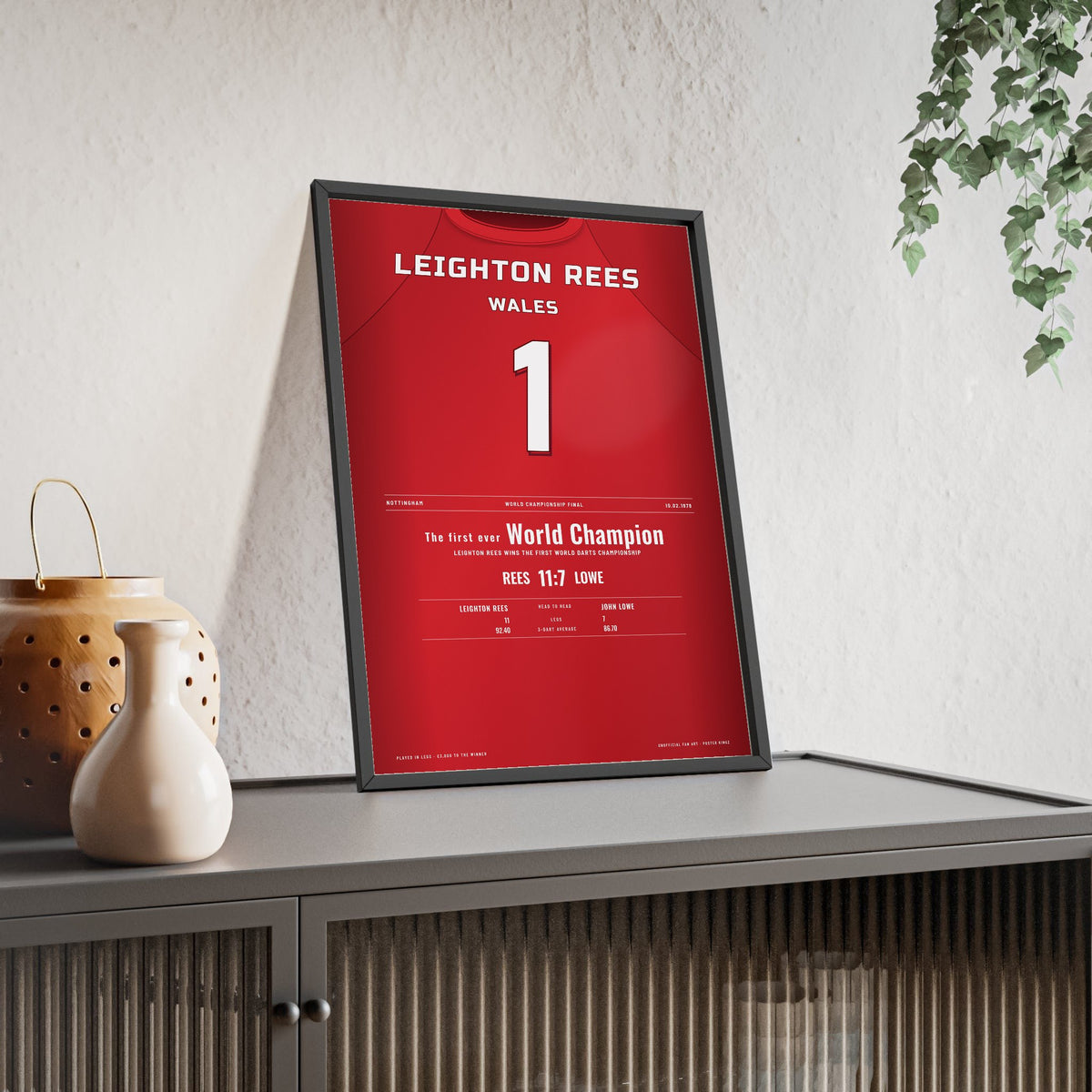 Leighton Rees World Darts Final 1978 Darts Poster - First World Champion Shirt Print framed and leaning on a sideboard