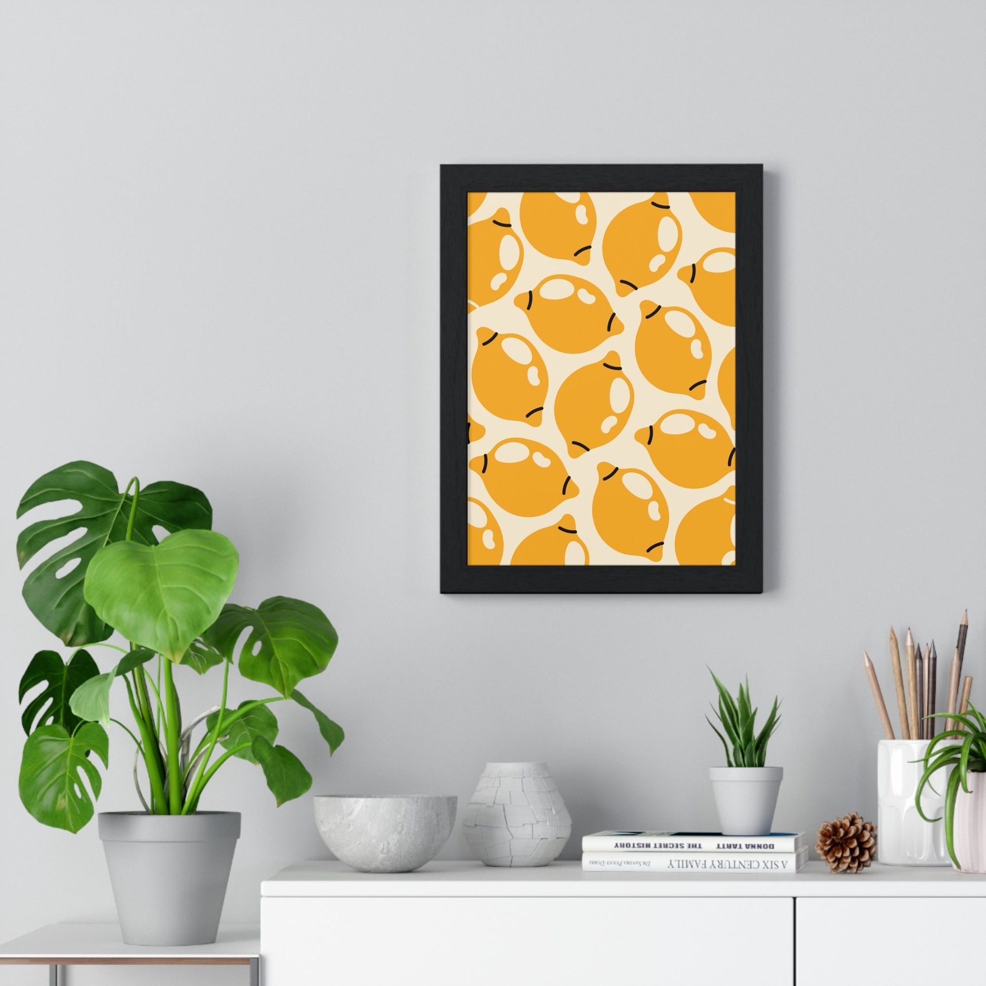Framed Lemon Pattern Kitchen Print - Citrus Food print