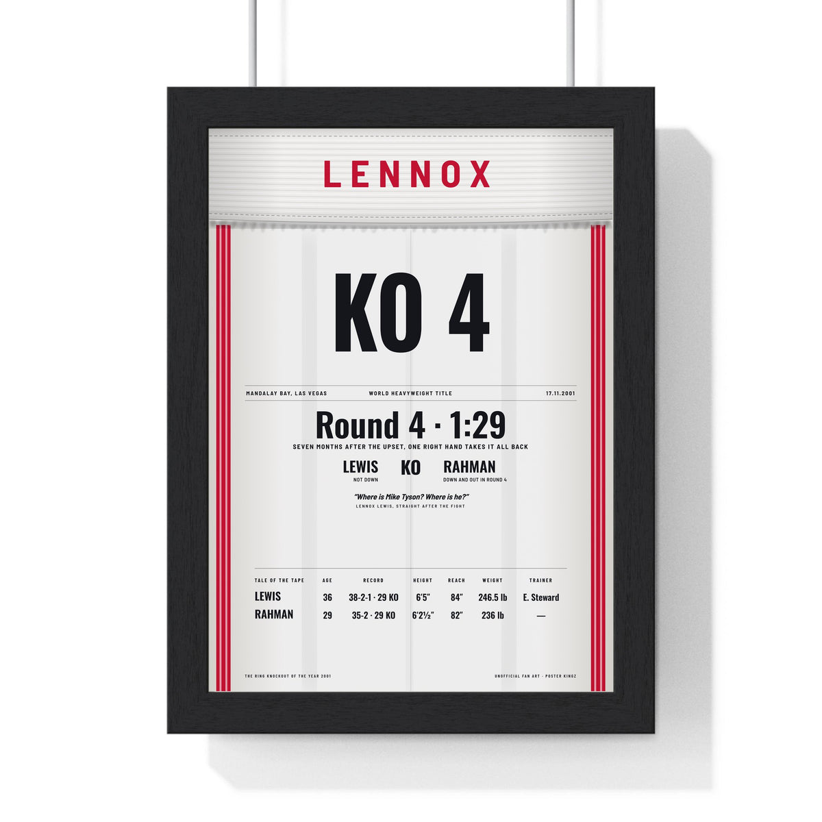 Lewis v Rahman 2001 Boxing Poster framed in a black frame, ready to hang