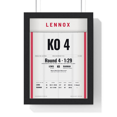 Lewis v Rahman 2001 Boxing Poster framed in a black frame, ready to hang