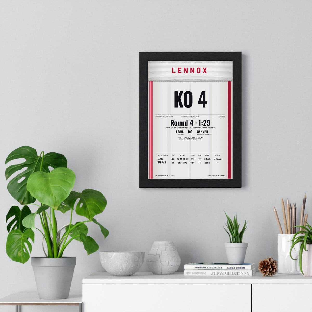 Lewis v Rahman 2001 Boxing Poster framed on a living room wall