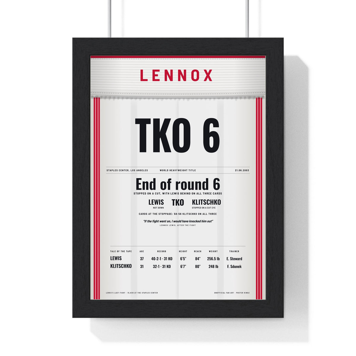 Lewis v Klitschko 2003 Boxing Poster framed in a black frame, ready to hang