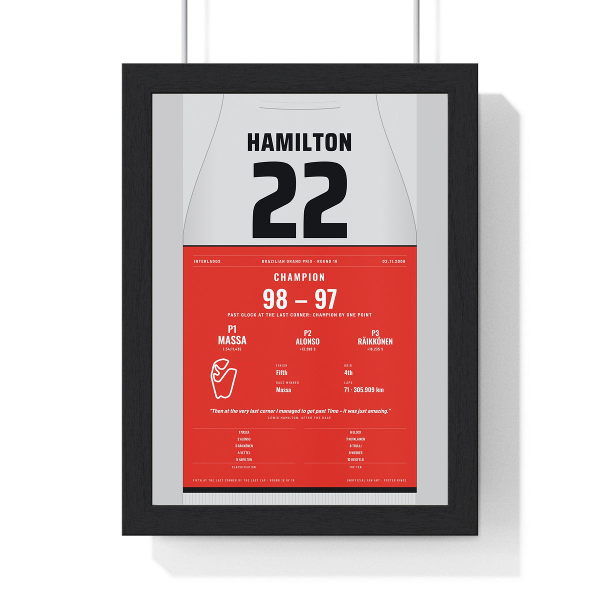 Lewis Hamilton 2008 Brazilian Grand Prix World Champion Poster - 22 Race Suit Print framed in a black frame, ready to hang
