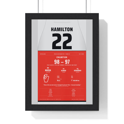 Lewis Hamilton 2008 Brazilian Grand Prix World Champion Poster - 22 Race Suit Print framed in a black frame, ready to hang