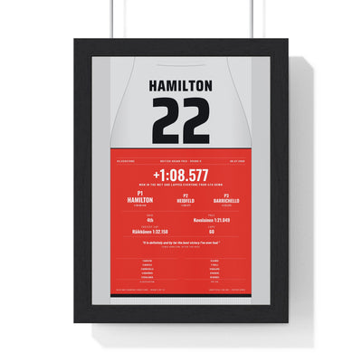 Lewis Hamilton 2008 British Grand Prix Win Poster - 22 Race Suit Print framed in a black frame, ready to hang