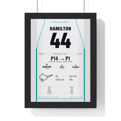 Lewis Hamilton 2018 German Grand Prix Win Poster - 44 Race Suit Print framed in a black frame, ready to hang