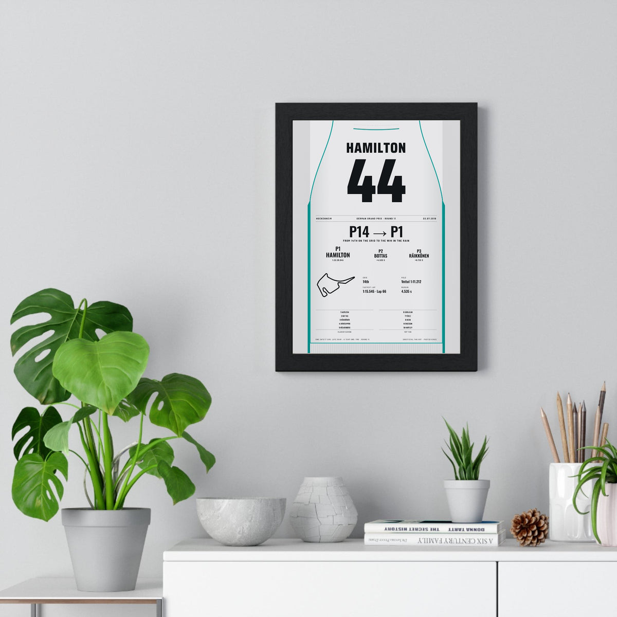 Lewis Hamilton 2018 German Grand Prix Win Poster - 44 Race Suit Print framed on a living room wall