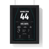 Lewis Hamilton 2024 British Grand Prix Win Poster - 44 Race Suit Print framed in a black frame, ready to hang