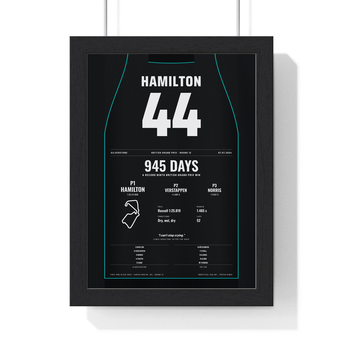 Lewis Hamilton 2024 British Grand Prix Win Poster - 44 Race Suit Print framed in a black frame, ready to hang