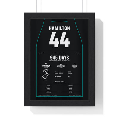 Lewis Hamilton 2024 British Grand Prix Win Poster - 44 Race Suit Print framed in a black frame, ready to hang