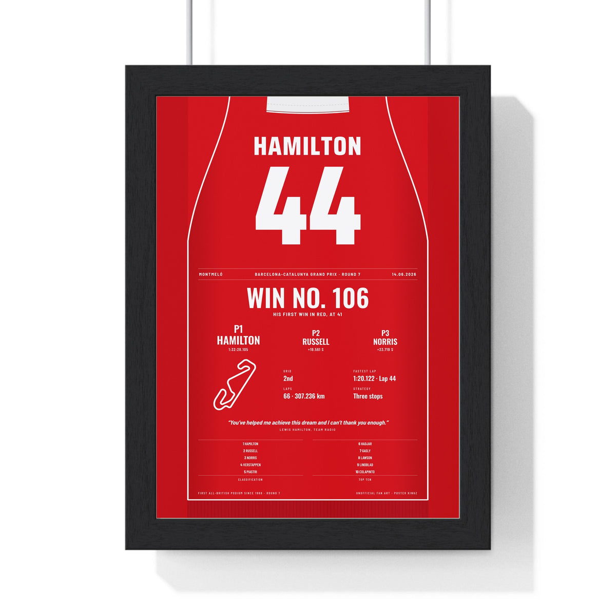 Lewis Hamilton 2026 Barcelona-Catalunya Grand Prix Win Poster - 44 Race Suit Print framed in a black frame, ready to hang