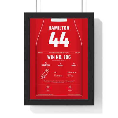 Lewis Hamilton 2026 Barcelona-Catalunya Grand Prix Win Poster - 44 Race Suit Print framed in a black frame, ready to hang