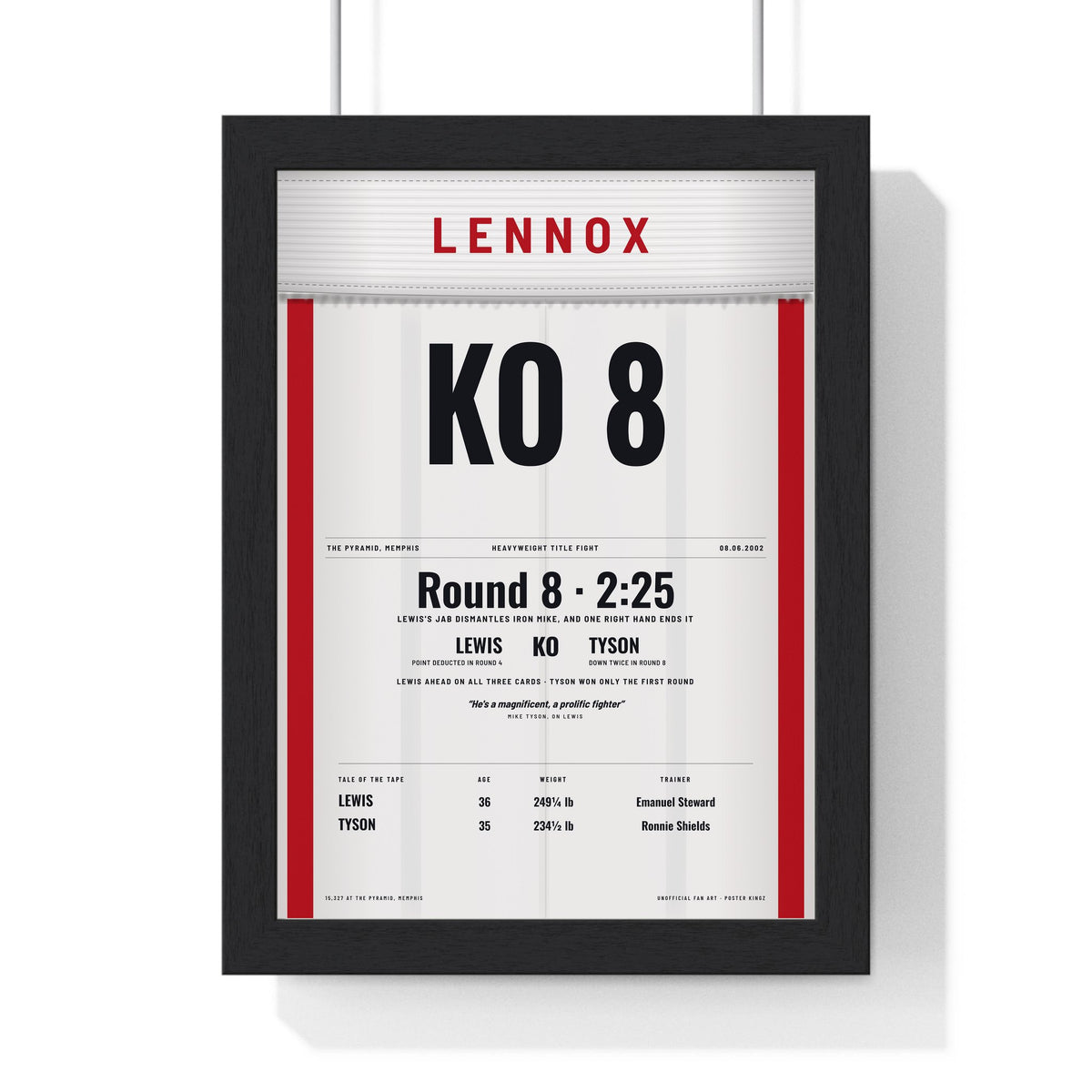 Lewis v Tyson 2002 Boxing Poster print framed in a black frame, ready to hang