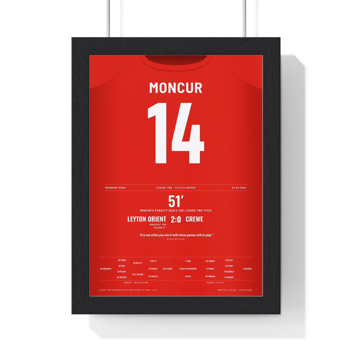 Leyton Orient League Two Champions 2023 Poster - George Moncur 14 Shirt Print framed in a black frame, ready to hang