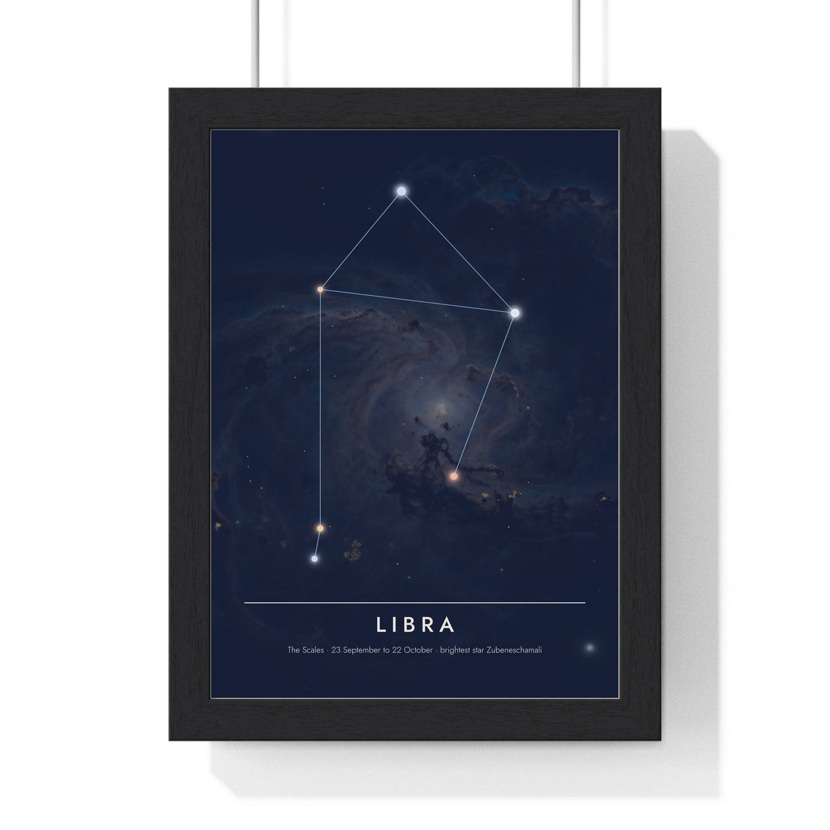 Libra Constellation print framed in a black frame, ready to hang