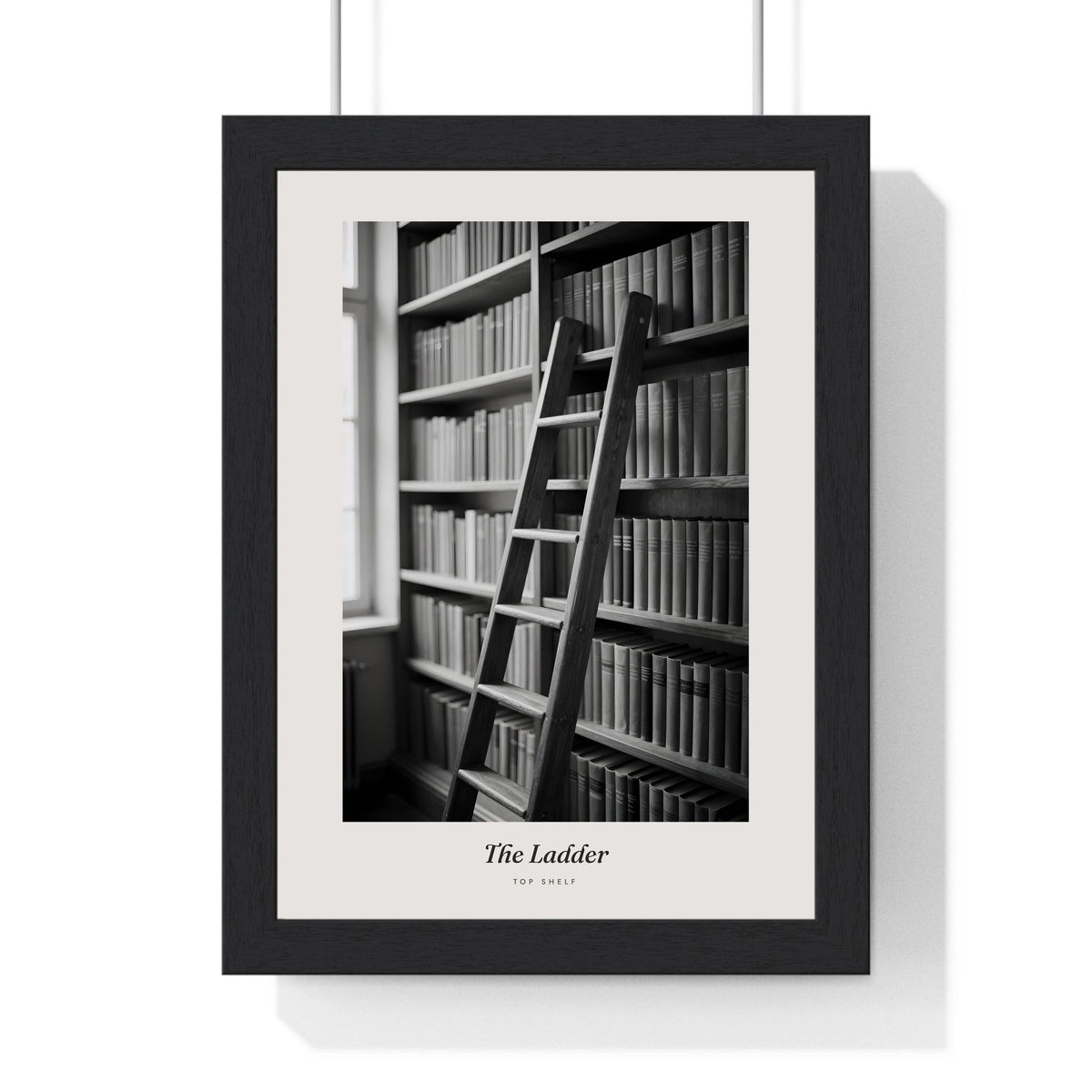 Library Ladder Print - Home Office Wall Art framed in a black frame, ready to hang