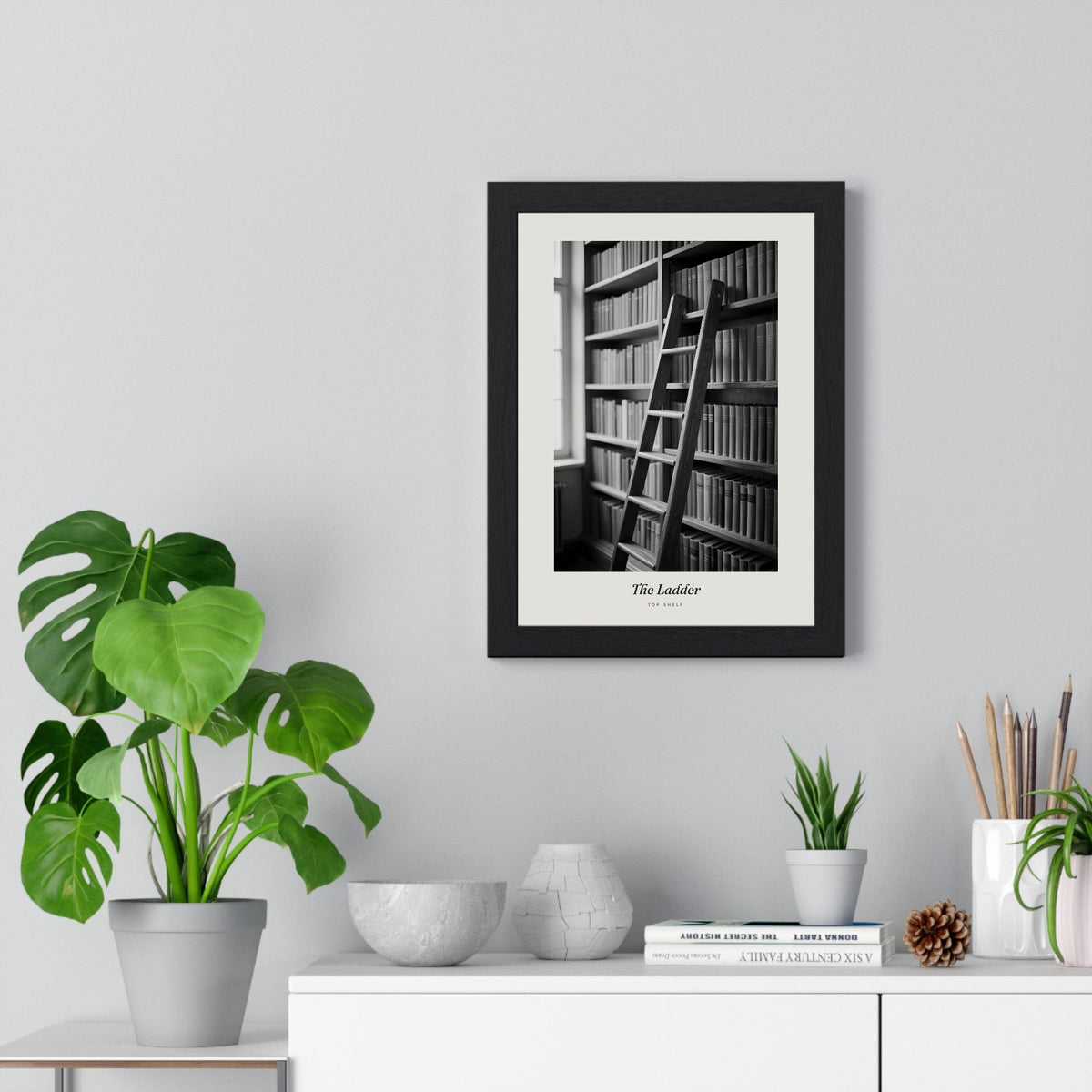 Library Ladder Print - Home Office Wall Art framed on a living room wall