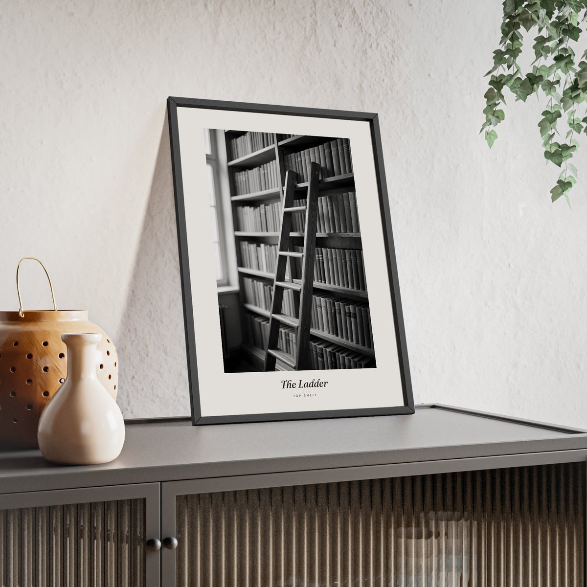 Library Ladder Print - Home Office Wall Art framed and leaning on a sideboard